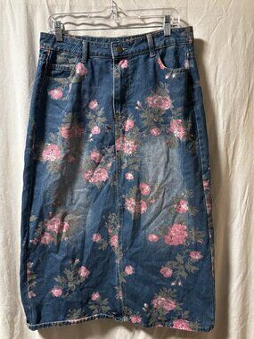 Womens Maxi floral patterned pink and green Jean skirt size XL